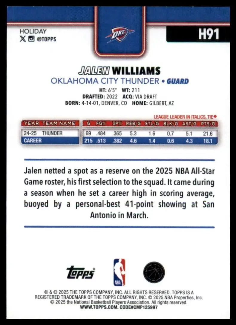 2025-26 Topps Holiday Jalen Williams #H91 Oklahoma City Thunder Basketball Card - Basketball Card Single