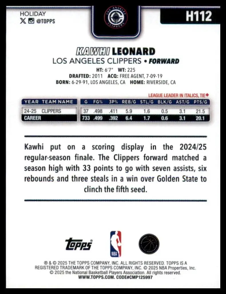 2025-26 Topps Holiday Kawhi Leonard #H112 Los Angeles Clippers Basketball Card - Basketball Card Single