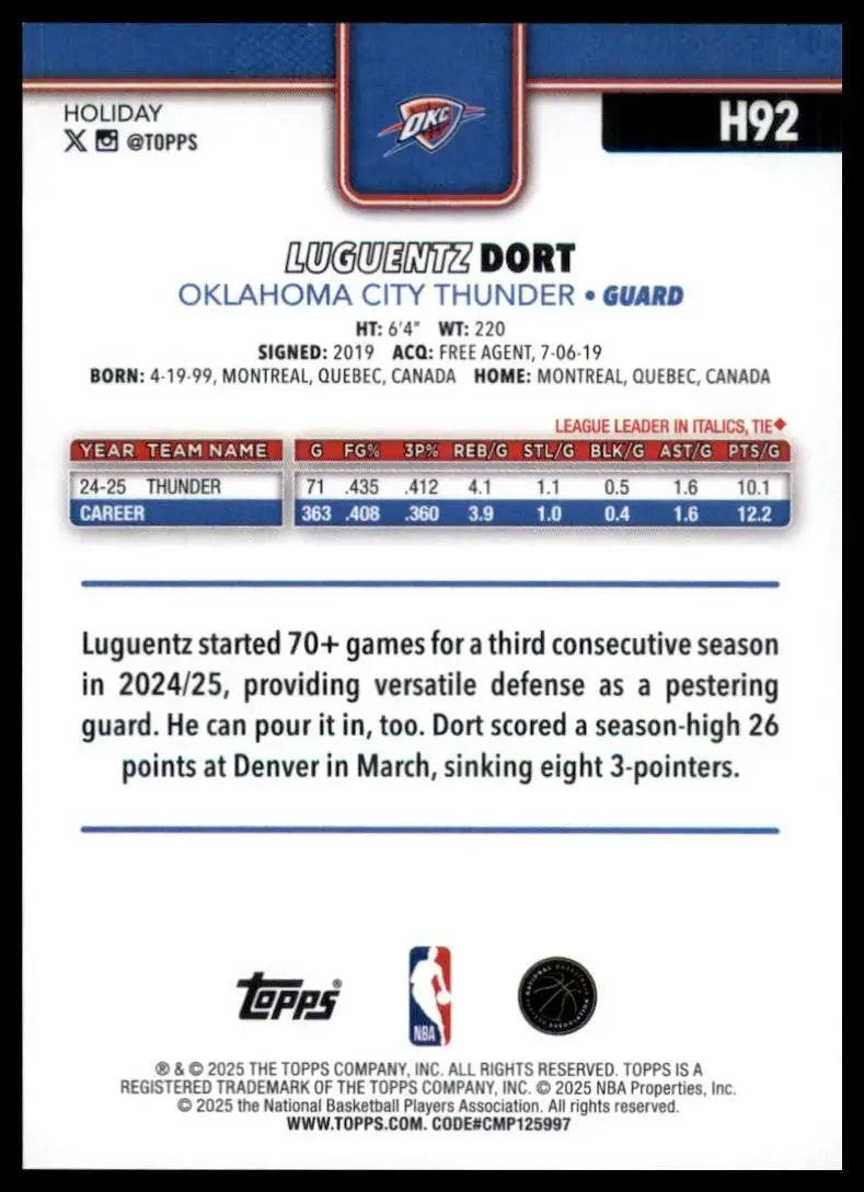 2025-26 Topps Holiday Luguentz Dort #H92 Oklahoma City Thunder Basketball Card - Basketball Card Single