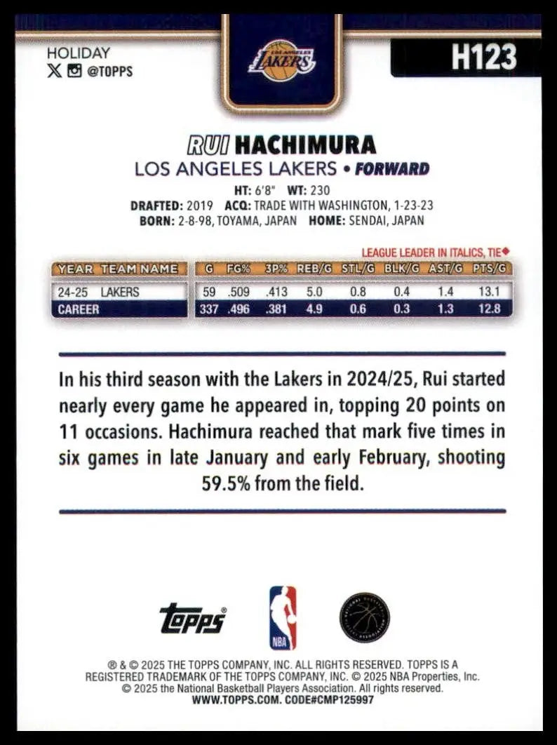 2025-26 Topps Holiday Rui Hachimura #H123 Los Angeles Lakers Basketball Card NBA - Basketball Card Single
