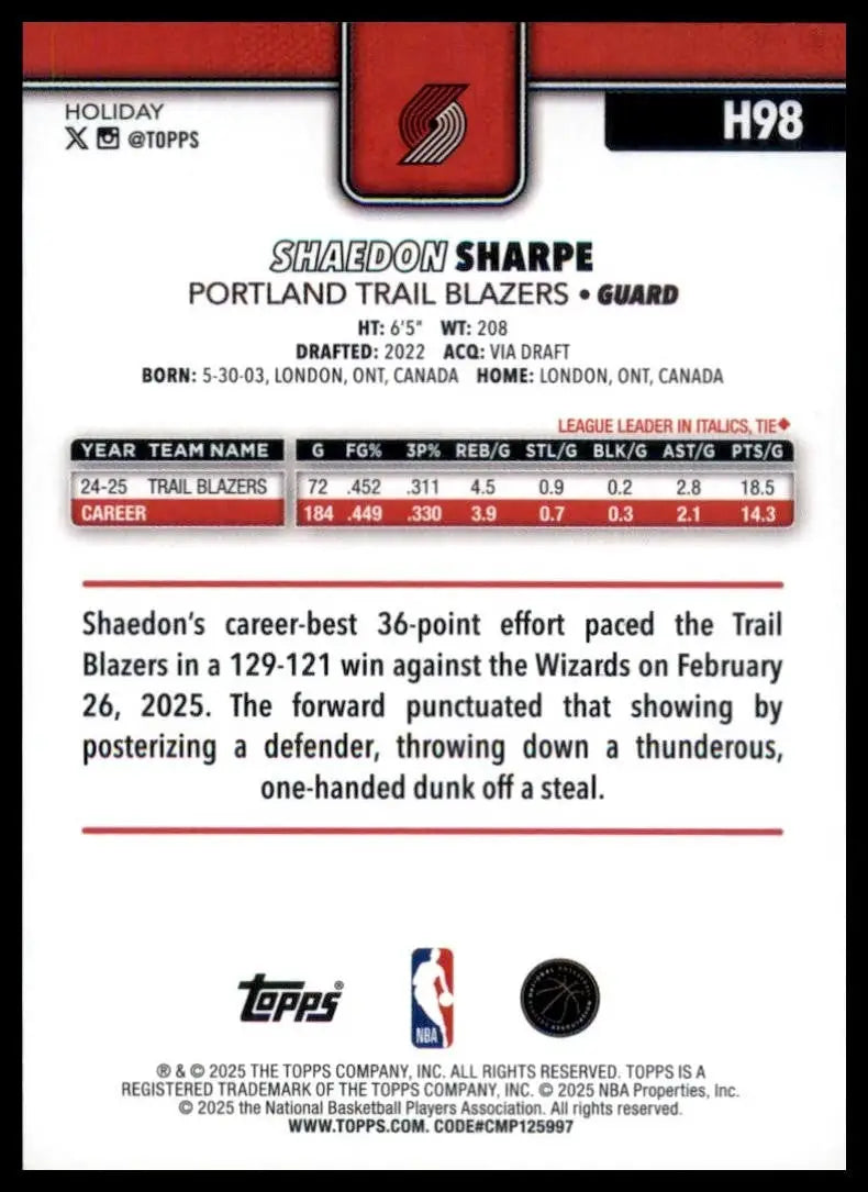 2025-26 Topps Holiday Shaedon Sharpe #H98 Portland Trail Blazers Basketball Card - Basketball Card Single