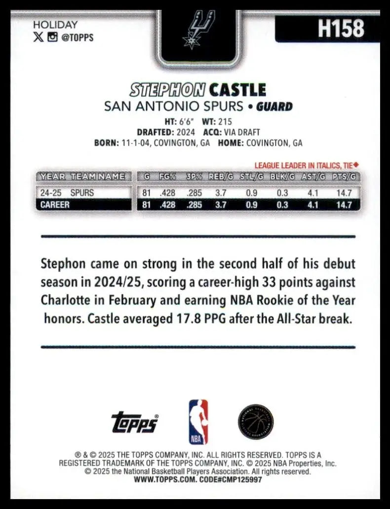2025-26 Topps Holiday Stephon Castle #H158 San Antonio Spurs Basketball Card NBA - Basketball Card Single
