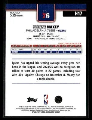 2025-26 Topps Holiday Tyrese Maxey #H17 Base Philadelphia 76ers - Basketball Card Single
