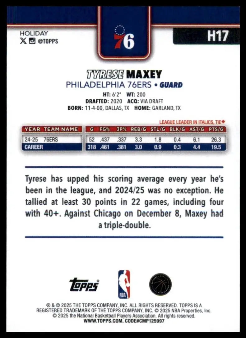 2025-26 Topps Holiday Tyrese Maxey #H17 Philadelphia 76ers Basketball Card NBA - Basketball Card Single