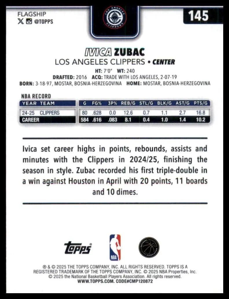 2025-26 Topps Holo Foil Ivica Zubac #145 Los Angeles Clippers Basketball Card - Basketball Card Single