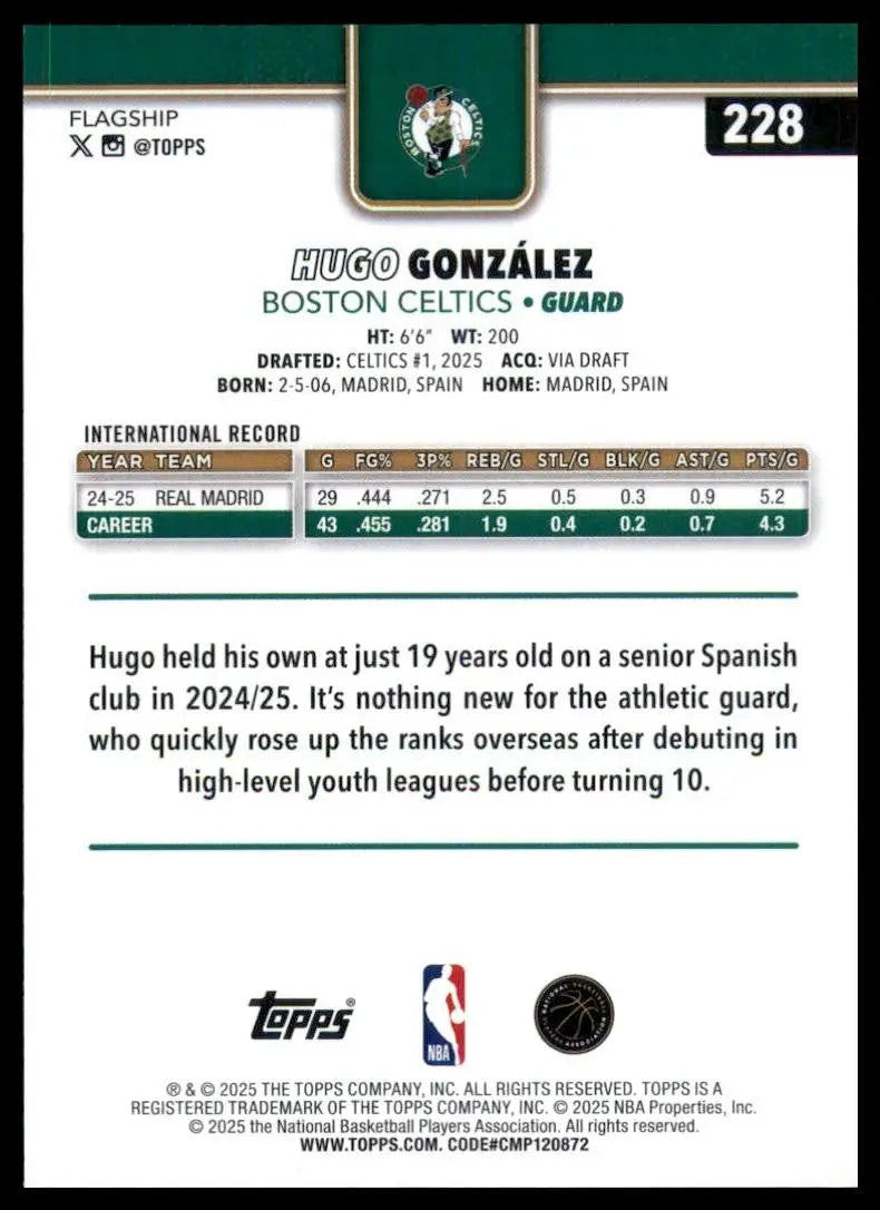 2025-26 Topps Hugo Gonzalez Rookie #228 Boston Celtics Basketball Card NBA Sport - Basketball Card Single