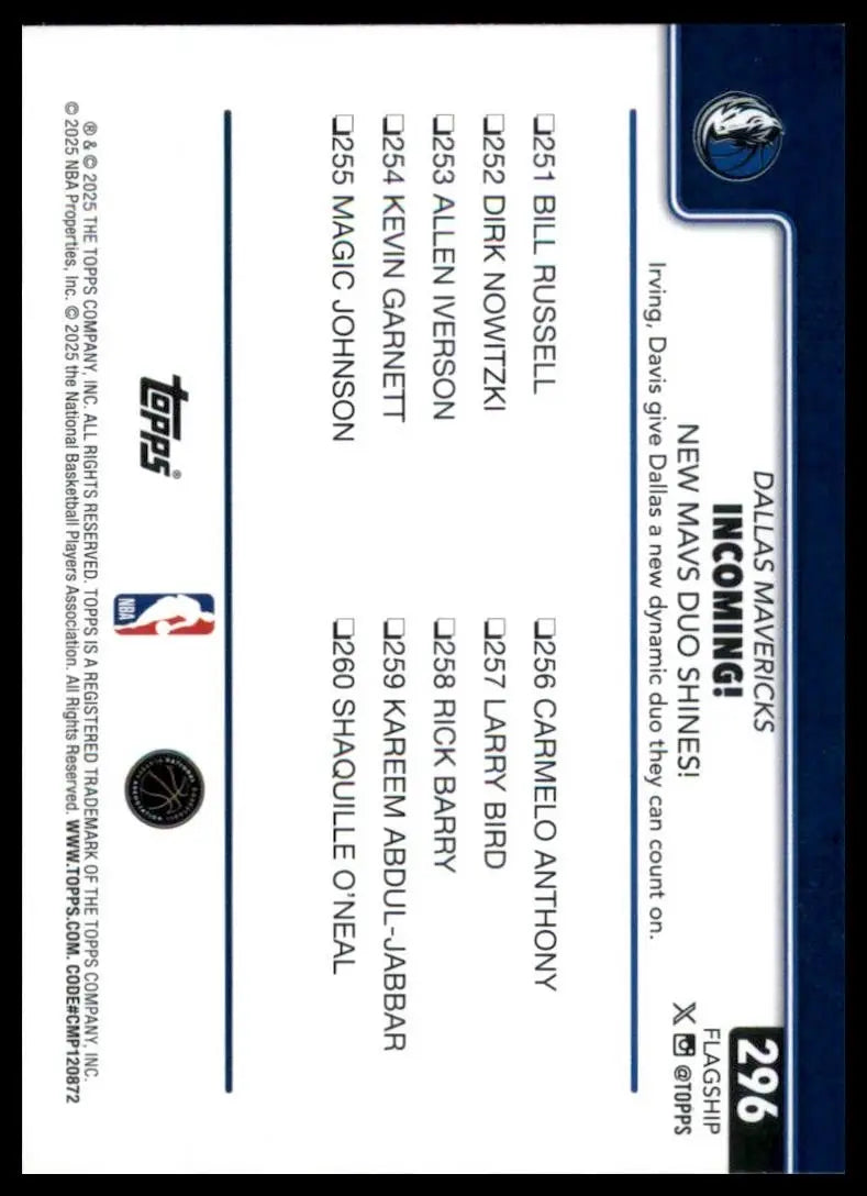 2025-26 Topps Incoming #296 Dallas Mavericks Basketball Card NBA Sports - Basketball Card Single