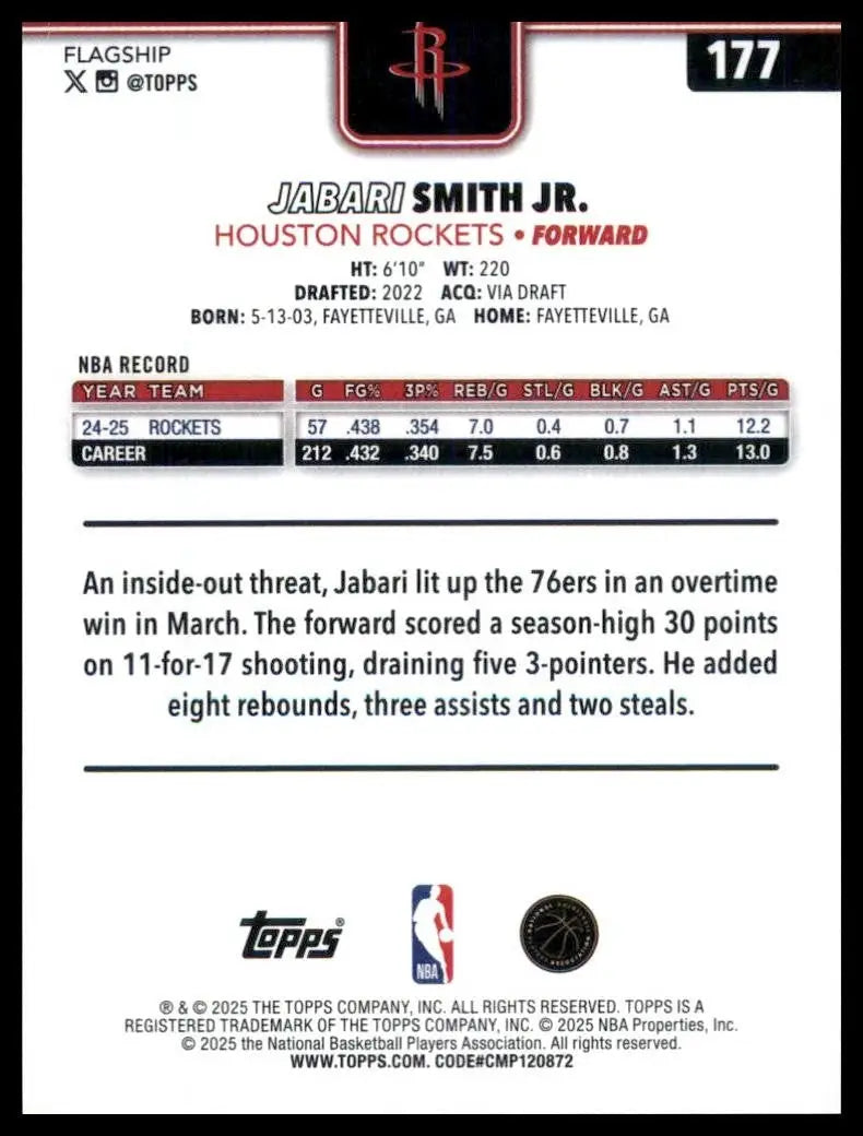 2025-26 Topps Jabari Smith Jr #177 Houston Rockets Basketball Card NBA Sports - Trading Card