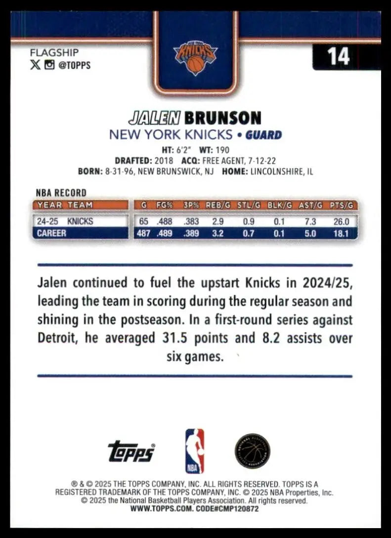 2025-26 Topps Jalen Brunson #14 New York Knicks Basketball Card NBA Sports - Basketball Card Single