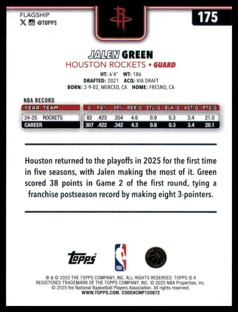 2025-26 Topps Jalen Green #175 Houston Rockets Basketball Card NBA Sports - Basketball Card