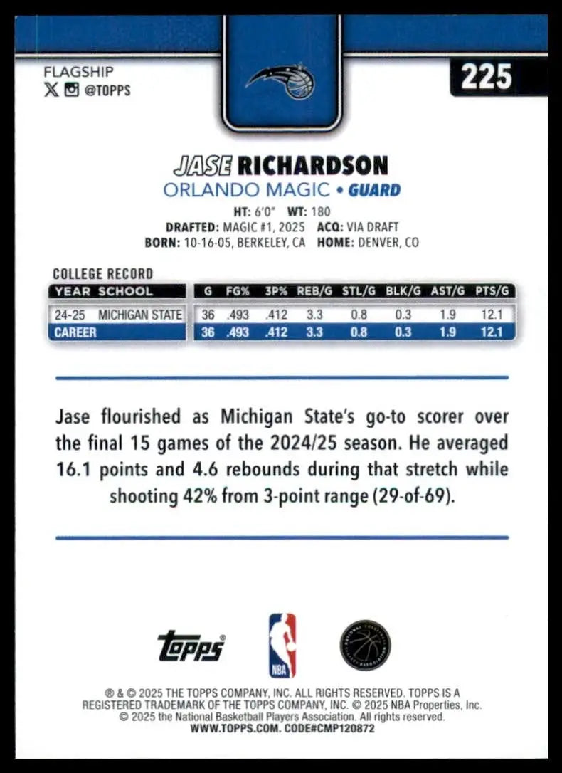 2025-26 Topps Jase Richardson Rookie #225 Orlando Magic Basketball Card NBA - Basketball Card Single