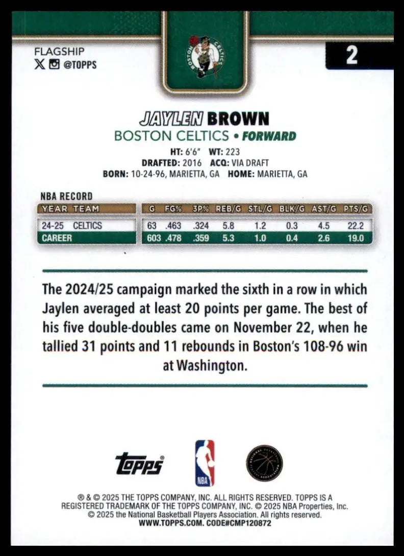 2025-26 Topps Jaylen Brown #2 Boston Celtics Basketball Card NBA Sports - Basketball Card Single