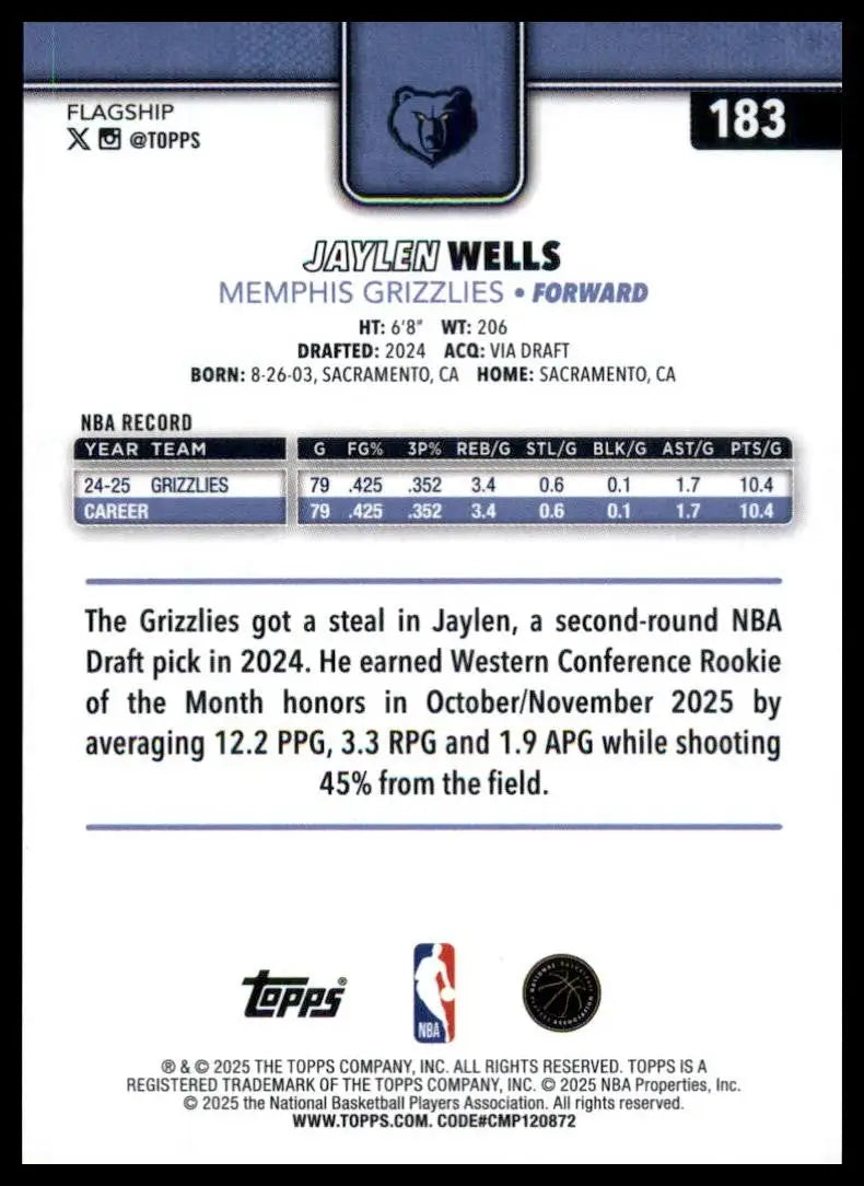 2025-26 Topps Jaylen Wells #183 Memphis Grizzlies Basketball Card NBA Sports - Basketball Card