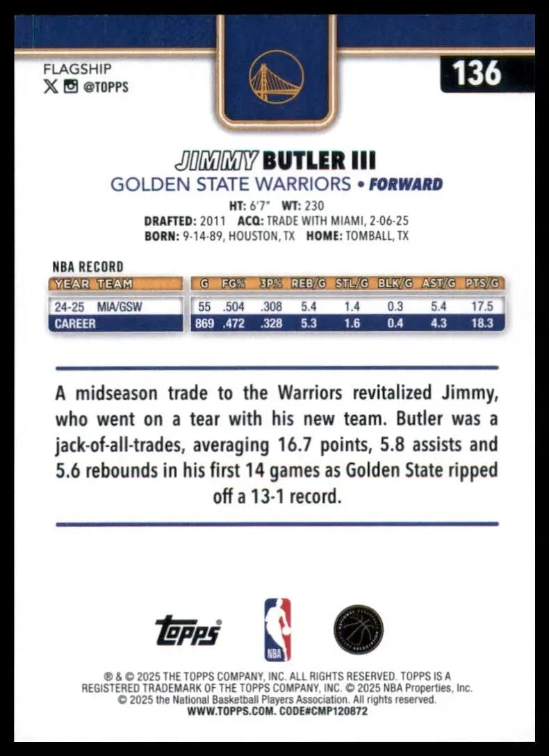 2025-26 Topps Jimmy Butler III #136 Golden State Warriors Basketball Card NBA - Trading Card