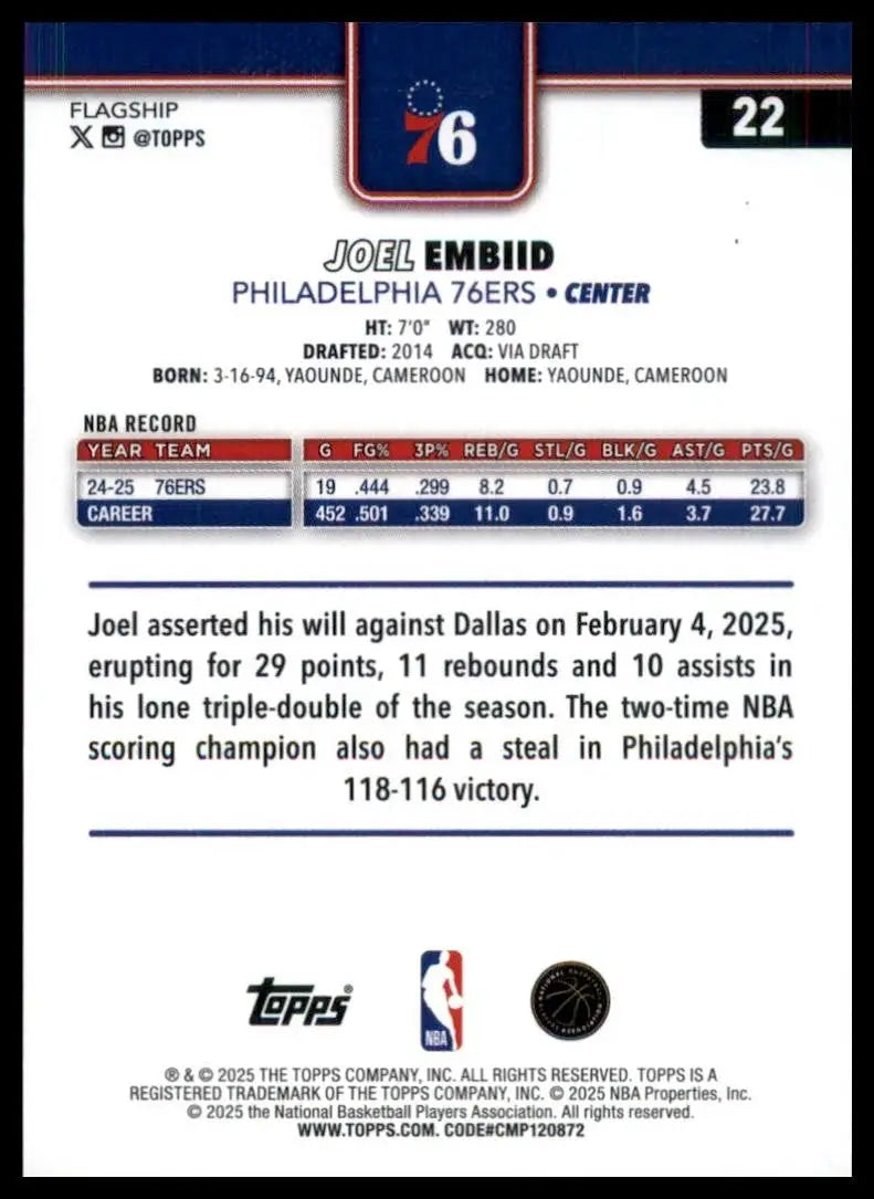 2025-26 Topps Joel Embid #22 Philadelphia 76ers Basketball Card NBA Sports - Basketball Card Single