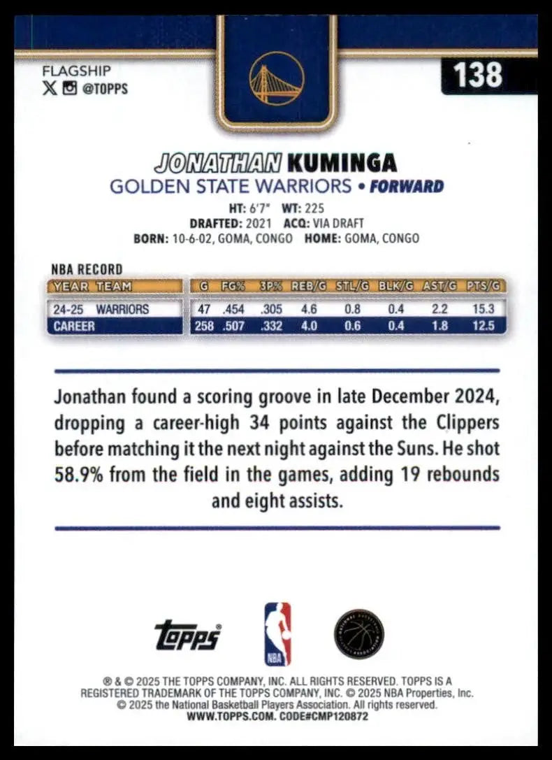 2025-26 Topps Jonathan Kuminga #138 Golden State Warriors Basketball Card NBA - Basketball Card