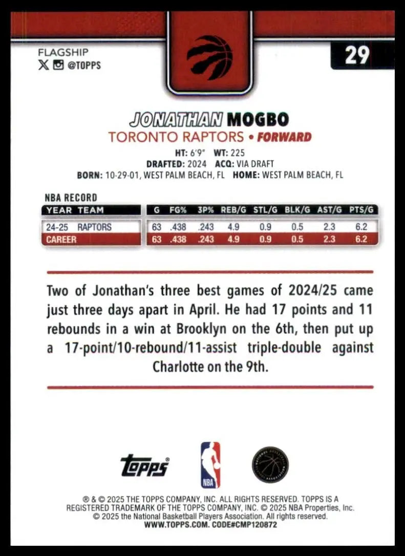 2025-26 Topps Jonathan Mogbo #29 Toronto Raptors Basketball Card NBA Sports - Basketball Card Single