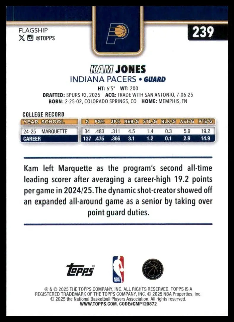 2025-26 Topps Kam Jones Rookie #239 Indiana Pacers Basketball Card NBA Sports - Basketball Card Single