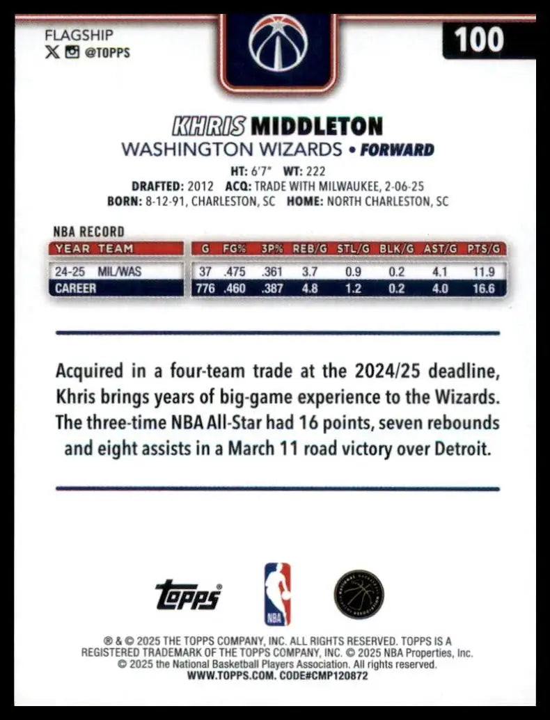 2025-26 Topps Khris Middleton #100 Washington Wizards Basketball Card NBA Sports - Basketball Card Single