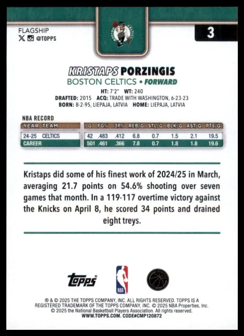 2025-26 Topps Kristaps Porzingis #3 Boston Celtics Basketball Card NBA Sports - Basketball Card Single