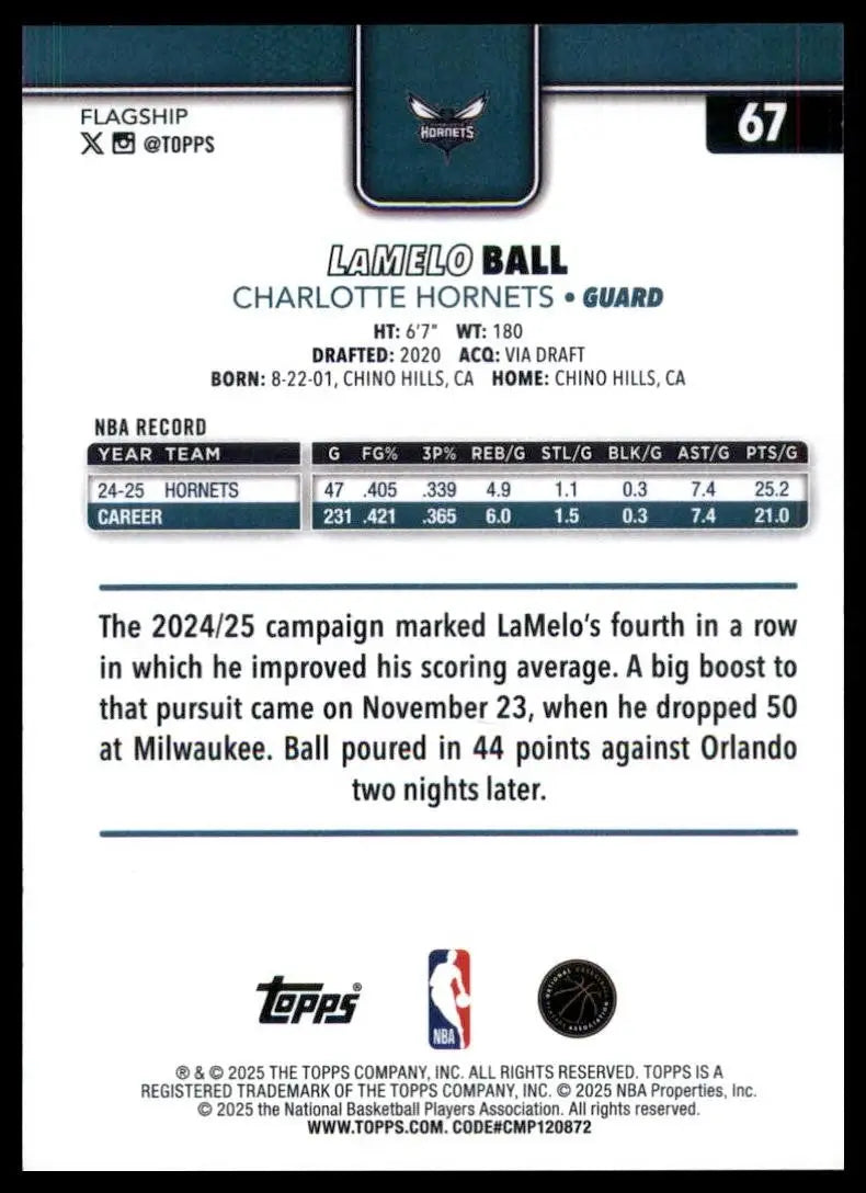 2025-26 Topps LaMelo Ball #67 Charlotte Hornets Basketball Card NBA Sports - Basketball Card Single