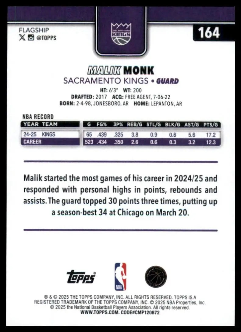 2025-26 Topps Malik Monk #164 Sacramento Kings Basketball Card NBA Sports - Basketball Card