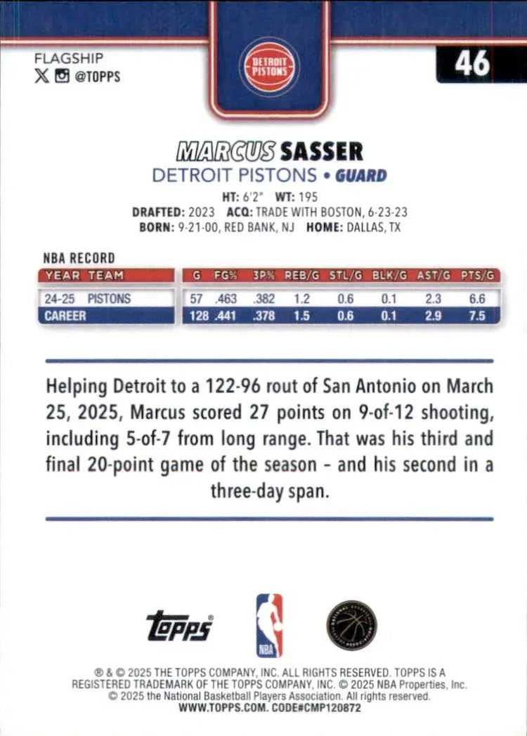 2025-26 Topps Marcus Sasser #46 Detroit Pistons Basketball Card NBA Sports - Basketball Card Single
