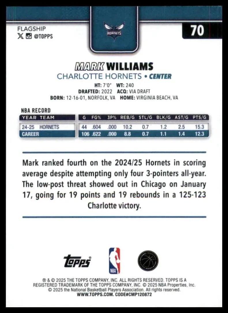 2025-26 Topps Mark Williams #70 Charlotte Hornets Basketball Card NBA Sports - Basketball Card Single