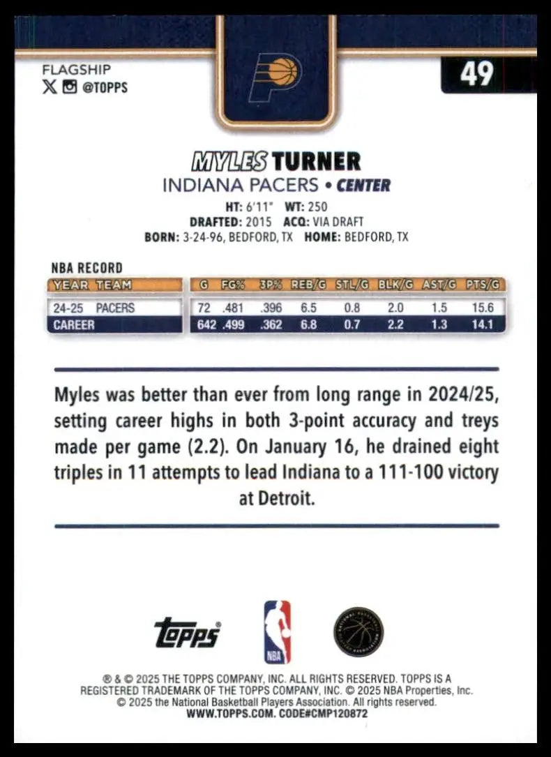 2025-26 Topps Myles Turner #49 Indiana Pacers Basketball Card NBA Sports - Basketball Card Single