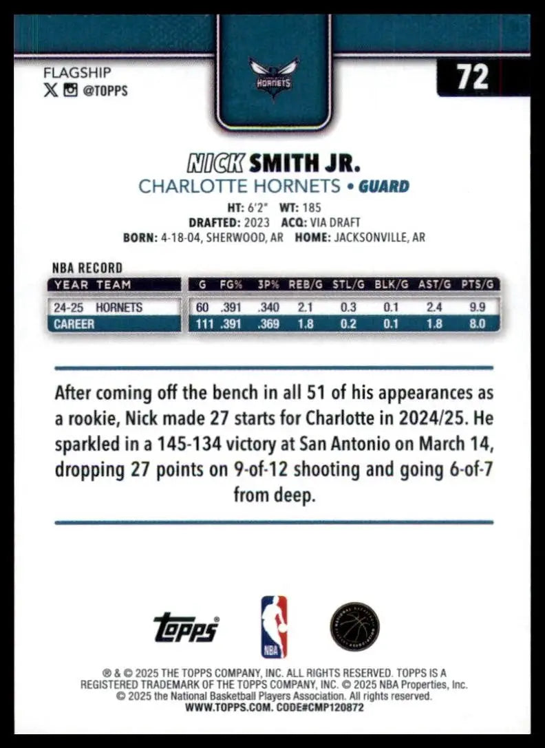 2025-26 Topps Nick Smith Jr #72 Charlotte Hornets Basketball Card NBA Sports - Basketball Card Single
