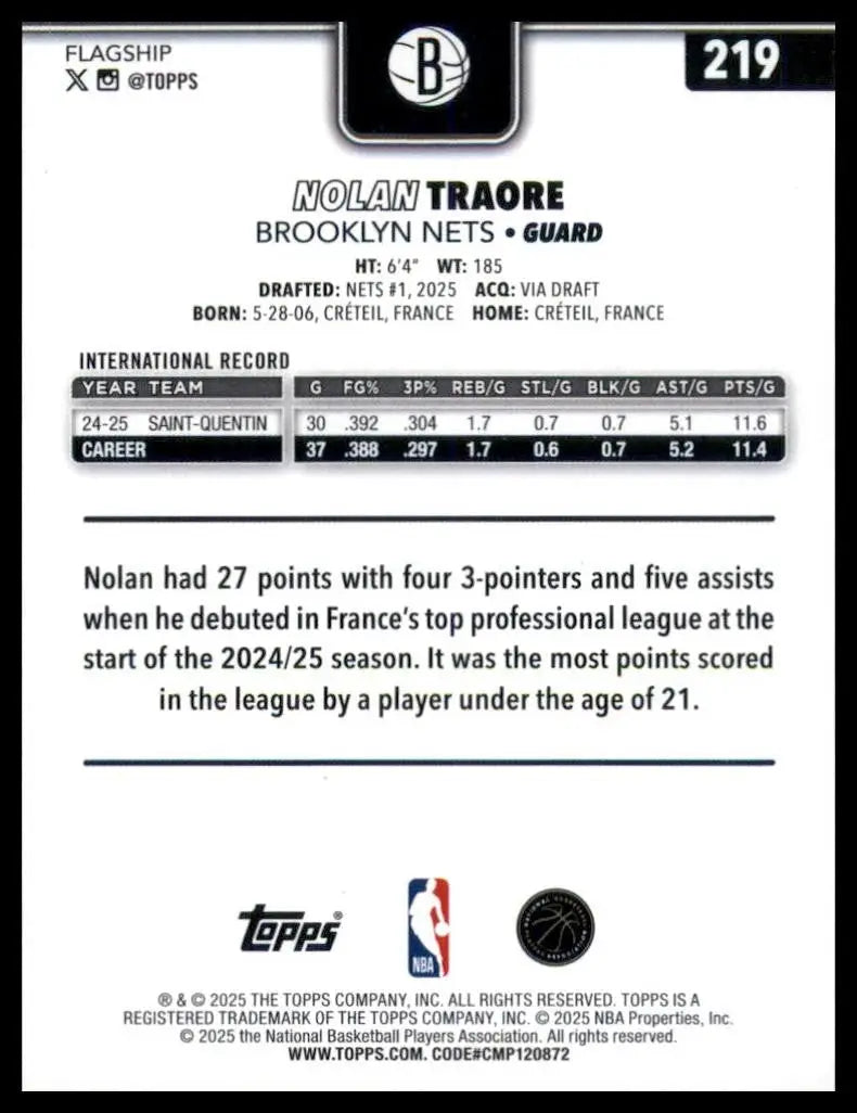 2025-26 Topps Nolan Traore Rookie #219 Brooklyn Nets Basketball Card NBA Sports - Basketball Card Single