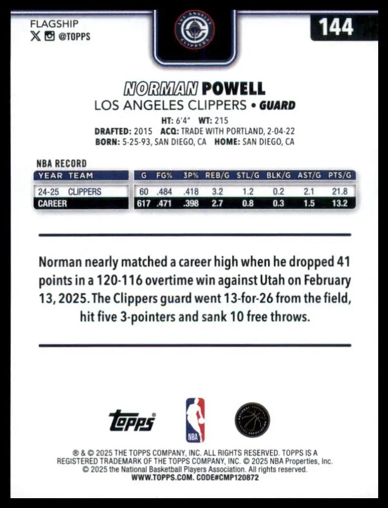 2025-26 Topps Norman Powell #144 Los Angeles Clippers Basketball Card NBA Sports