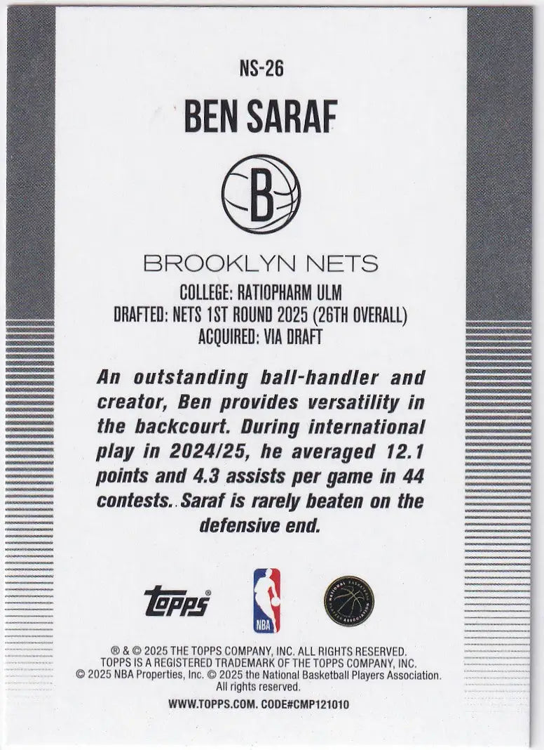 2025-26 TOPPS #NS-26 BEN SARAF NEW SCHOOL REFRACTOR- BROOKLYN NETS - Basketball Card Single