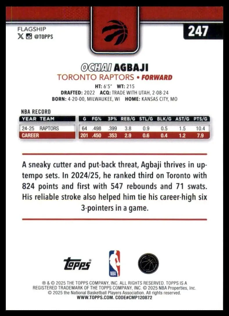 2025-26 Topps Ochai Agbaji #247 Toronto Raptors Basketball Card NBA Sports - Basketball Card Single
