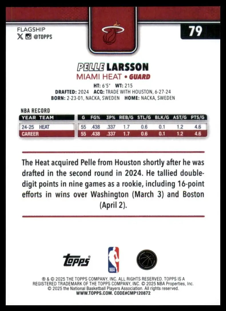 2025-26 Topps Pelle Larsson #79 Miami Heat Basketball Card NBA Sports - Basketball Card Single