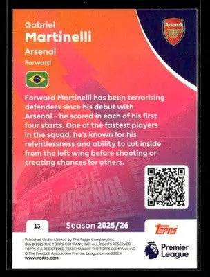 2025-26 Topps Premier League #13 Gabriel Martinelli - Soccer Card Single