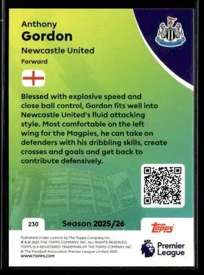 2025-26 Topps Premier League #230 Anthony Gordon - Soccer Card Single