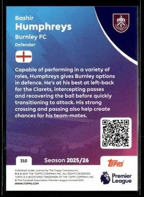 2025-26 Topps Premier League #310 Bashir Humphreys - Soccer Card Single