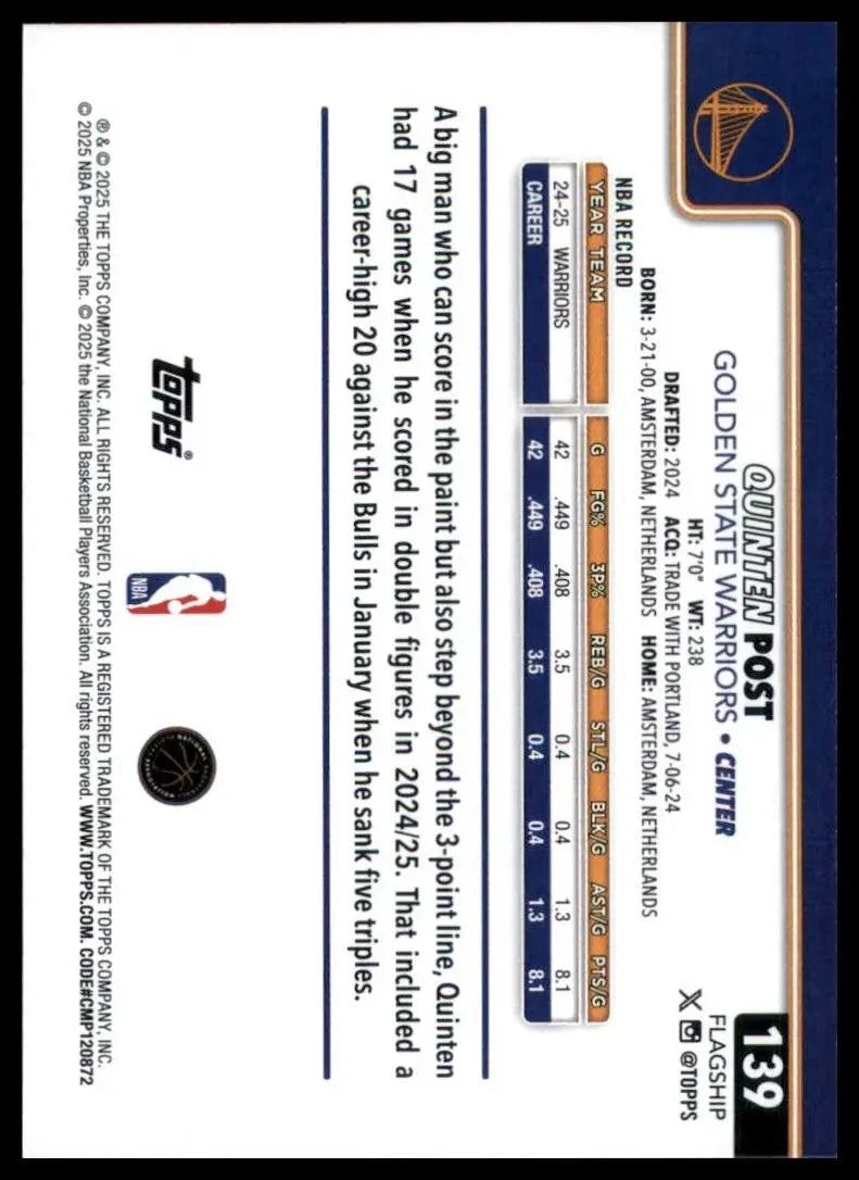 2025-26 Topps Quinten Post #139 Golden State Warriors Basketball Card NBA Sports - Basketball Card Single