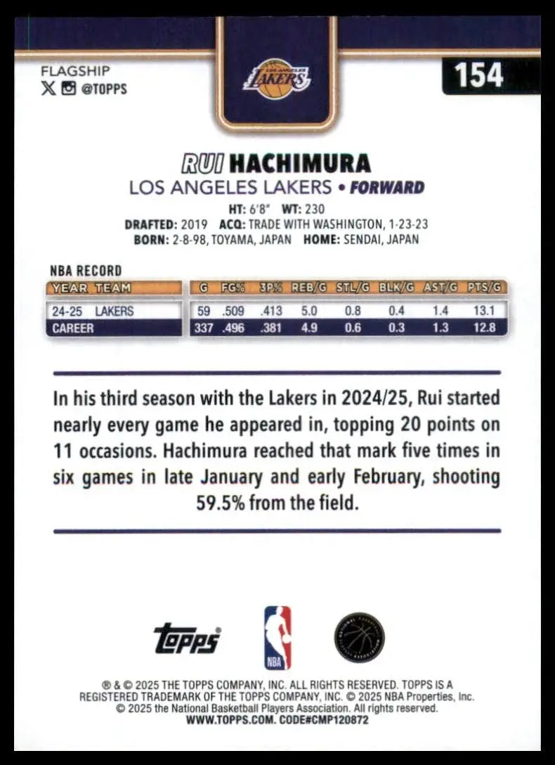 2025-26 Topps Rui Hachimura #154 Los Angeles Lakers Basketball Card NBA Sports - Trading Cards