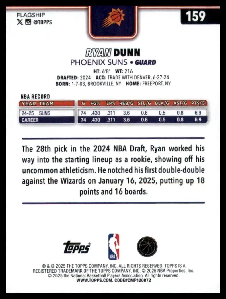 2025-26 Topps Ryan Dunn #159 Phoenix Suns Basketball Card NBA Sports - Trading Card