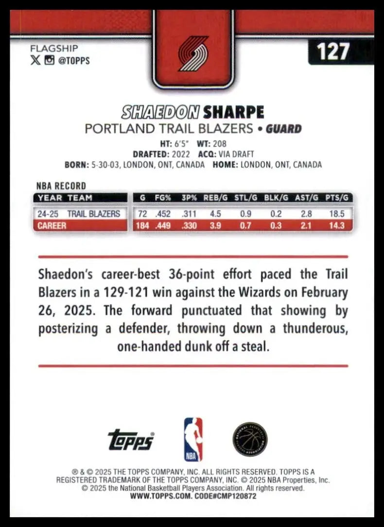 2025-26 Topps Shaedon Sharpe #127 Portland Trail Blazers Basketball Card NBA