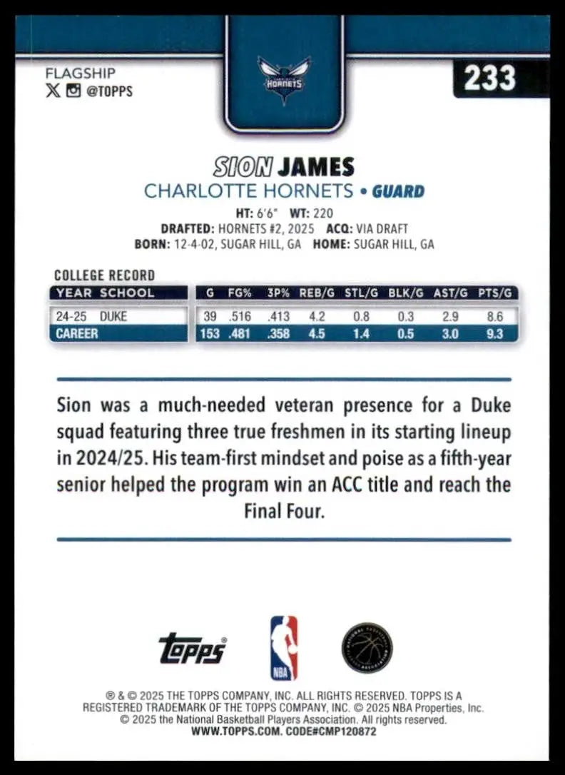 2025-26 Topps Sion James Rookie #233 Charlotte Hornets Basketball Card NBA Sport - Basketball Card Single