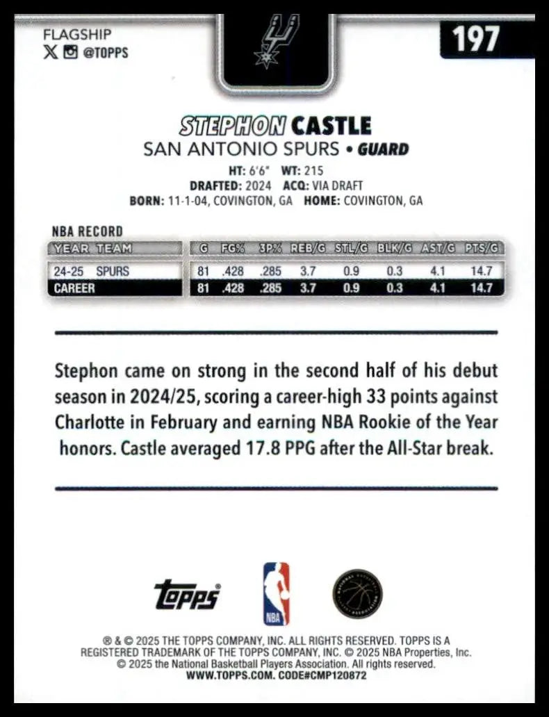 2025-26 Topps Stephon Castle #197 San Antonio Spurs Basketball Card NBA Sports - Basketball Card