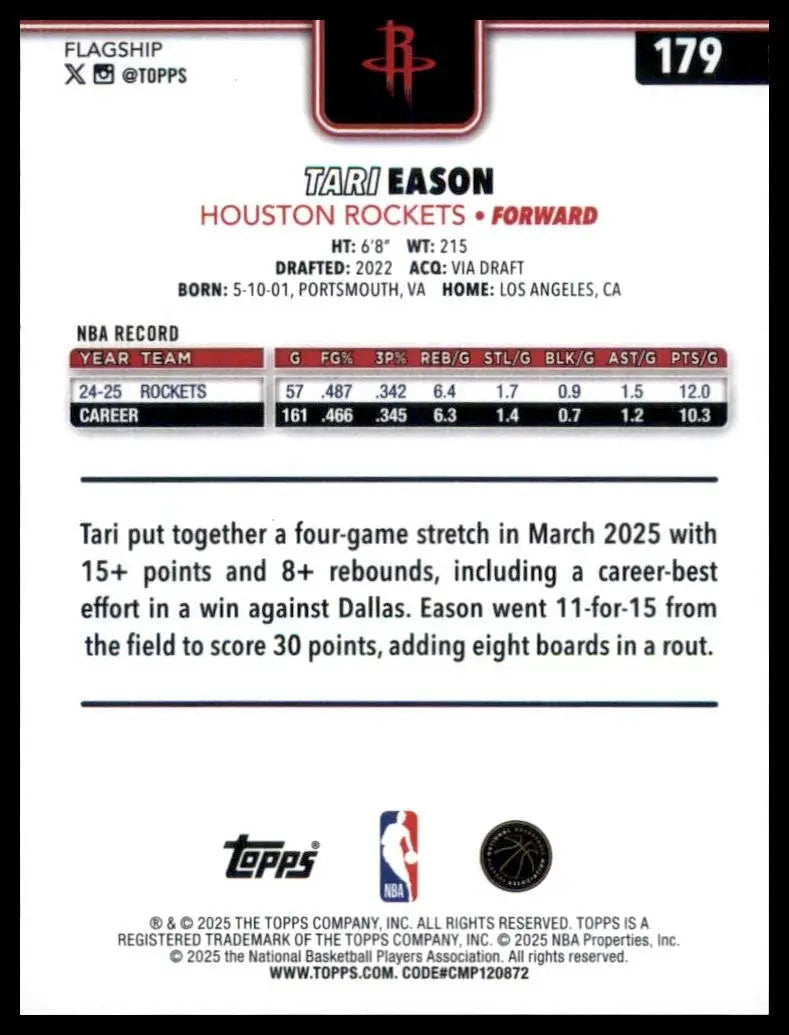 2025-26 Topps Tari Eason #179 Houston Rockets Basketball Card NBA Sports - Basketball Card