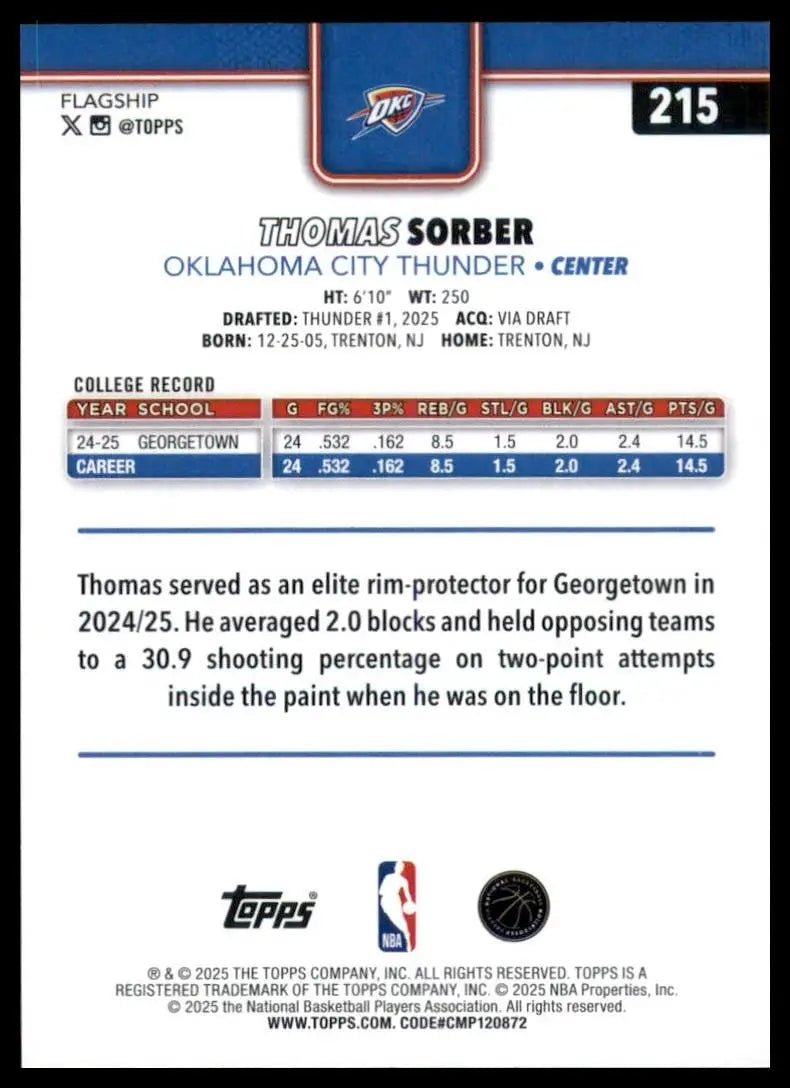 2025-26 Topps Thomas Sorber Rookie #215 Oklahoma City Thunder Basketball Card - Basketball Card Single