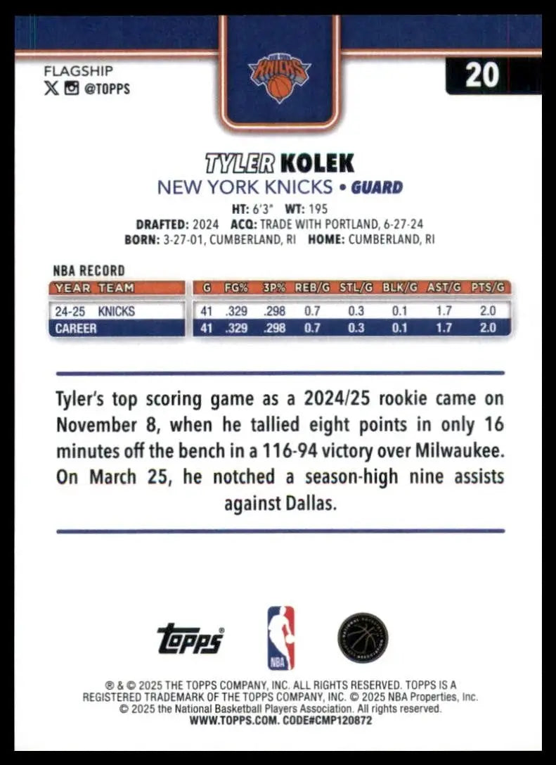 2025-26 Topps Tyler Kolek #20 New York Knicks Basketball Card NBA Sports - Basketball Card Single