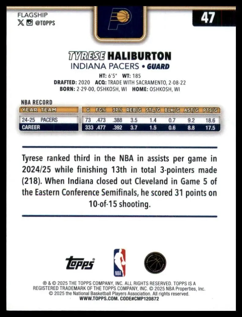2025-26 Topps Tyrese Haliburton #47 Indiana Pacers Basketball Card NBA Sports - Basketball Card Single