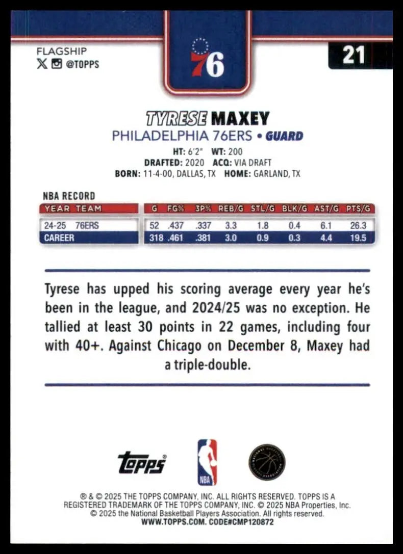 2025-26 Topps Tyrese Maxey #21 Philadelphia 76ers Basketball Card NBA Sports - Basketball Card Single