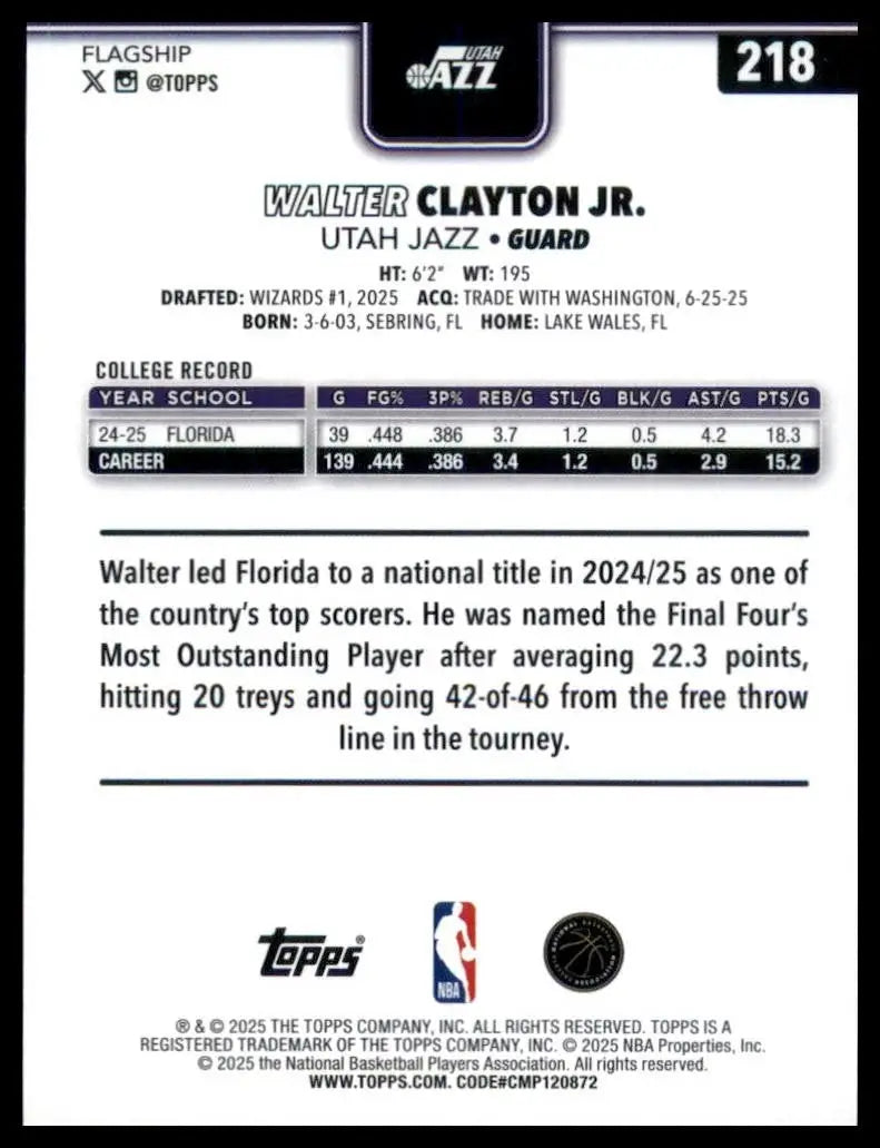 2025-26 Topps Walter Clayton Jr Rookie #218 Utah Jazz Basketball Card NBA Sports